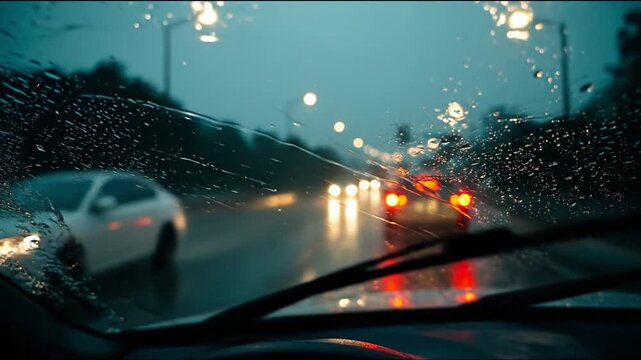 Car windshield view during a rainstorm with blurred lights and active windshield wipers