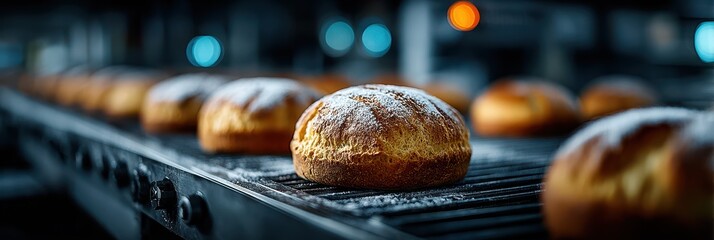 Freshly baked bread rolls on a cooling rack in a warm bakery setting during early morning hours