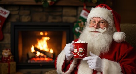 Santa Claus Relaxing with a Hot Drink by a Cozy Christmas Fireplace
