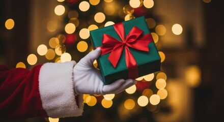 Santa Claus Hand Holding a Christmas Gift with Festive Bokeh Background
