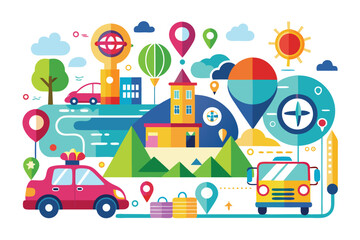 Naklejka premium Colorful illustration depicting a vibrant travel scene with cars, mountains, and various travel icons