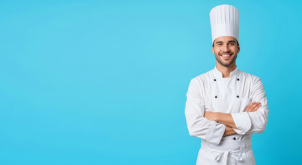 Smiling chef in uniform with arms crossed standing against a vibrant blue colored background studio shot