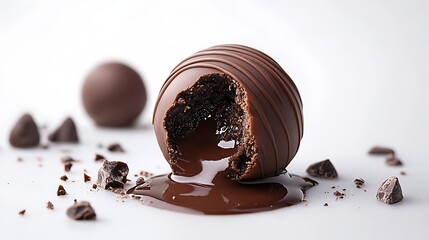 Decadent Chocolate Truffle with Molten Center and Chocolate Pieces on White Background