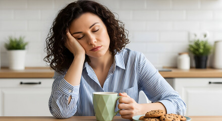 Tired woman sleeping at kitchen table with coffee and cookies morning fatigue exhaustion sleepy exhausted overworked stress burnout lack energy sleep deprivation