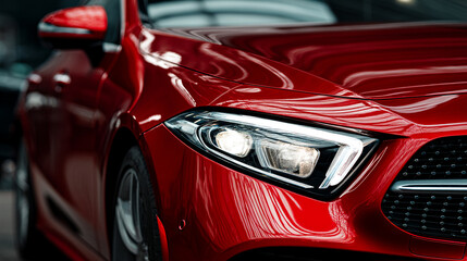 Close up of a shiny red car with a bright headlight illuminated well