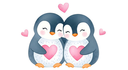 Obraz premium Adorable Watercolor Penguins Couple Valentine Love Birds Cute Cartoon Romantic Illustration for Cards Prints
