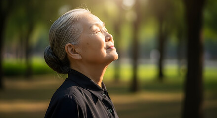 Senior woman enjoying peaceful nature serene elderly lady tranquility calm peaceful mind relaxation wellness healthy aging retirement happiness sunlight park outdoors fresh air