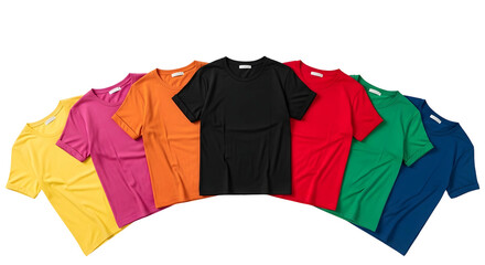 A vibrant assortment of colorful t-shirts, including yellow, pink, orange, black, red, green, and blue, arranged in an arc against a white background.