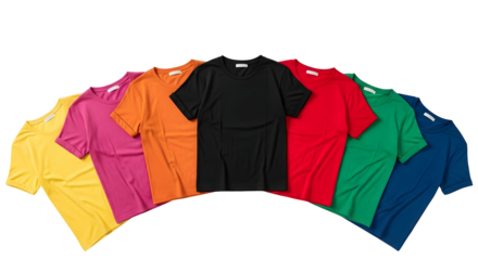 A vibrant assortment of colorful t-shirts, including yellow, pink, orange, black, red, green, and blue, arranged in an arc against a white background.