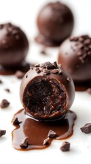 Decadent Chocolate Truffles with Melted Chocolate and Chocolate Shavings on a White Background
