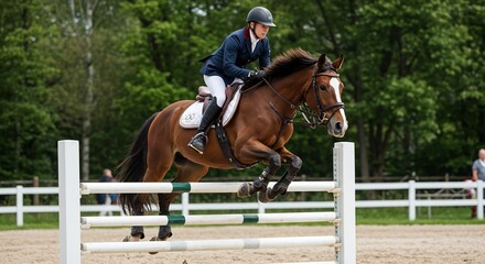 躍動感あふれる馬と騎手 美しい緑の中で力強くジャンプする姿 鮮やかな太陽光が輝く