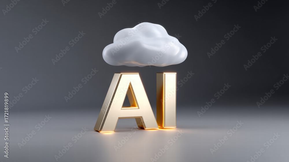 Poster ai chip companies in cloud computing concept with metallic letters and floating cloud symbol modern 