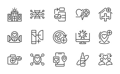 Fototapeta premium Hospital linear icon collection. Doctors, healthcare, nurses, patients, medical care, emergency, vaccines, hygiene, diagnostics, vector thin icon pack