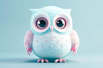 Obraz premium Cute cartoon owl illustration with big eyes and fluffy feathers on a soft blue background
