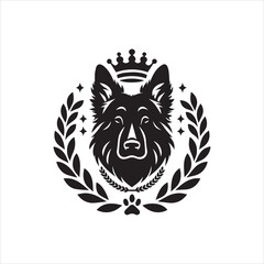 Regal German Shepherd Dog Logo with Crown Laurel Wreath and Paw Print.