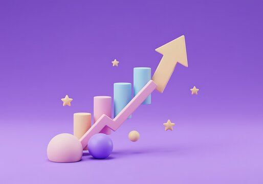 Abstract Business Growth Chart with Arrow Stars and Pastel Colors on Purple Background for Positive Trends and Financial Success