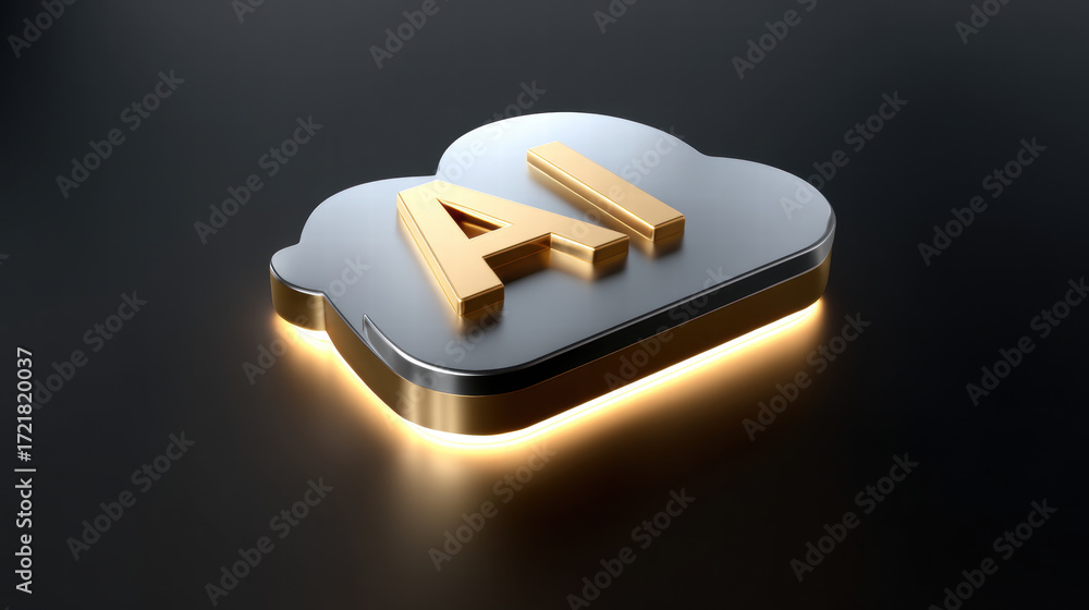 Poster ai chip companies in cloud computing concept with metallic cloud and glowing gold letters on dark ba