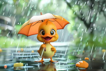 Cute cartoon duckling holding an orange umbrella in the rain with vibrant nature background