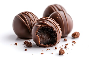 Decadent Chocolate Truffles with Drizzled Chocolate, One Bitten Showing Gooey Filling on White Background