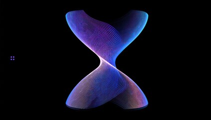 A captivating abstract design featuring interwoven, vibrant lines of purple, blue, and pink hues against a stark black backdrop.