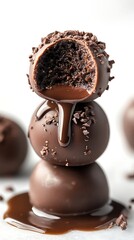 Decadent Stacked Chocolate Truffles with Drizzled Filling and Chocolate Pieces on a White Surface