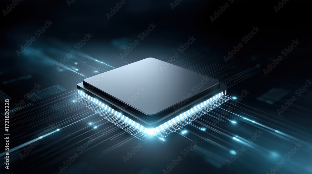 Poster ai chip companies in iot ecosystem shown with futuristic glowing processor and digital circuit backg