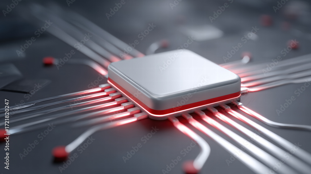Poster ai chip companies in iot ecosystem shown as futuristic microchip with glowing circuit lines on dark 