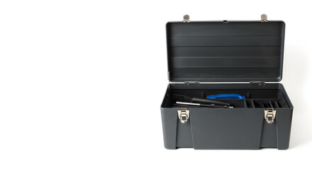 Toolbox with open lid displaying various tools on white background  