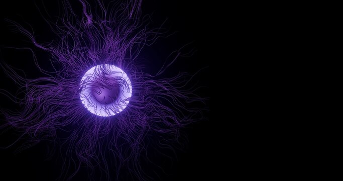 Imagem abstrata sci-fi de um orbe roxo/violeta luminoso emitindo fios de energia org&acirc;nicos sobre fundo preto profundo. Composi&ccedil;&atilde;o impactante com amplo espa&ccedil;o para texto