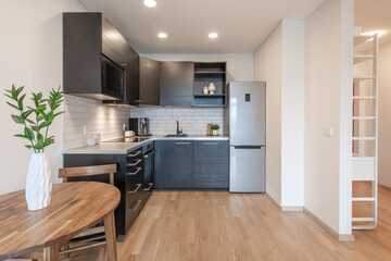 Modern Minimalist Home Kitchen Interior in Neutral Tones With Wooden Accents and Open Layout