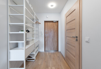 Modern Home Hallway Interior with Shelving and Wooden Door Design