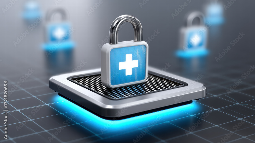 Poster ai chip data protection in healthcare with secure lock symbol glowing on futuristic digital grid bac