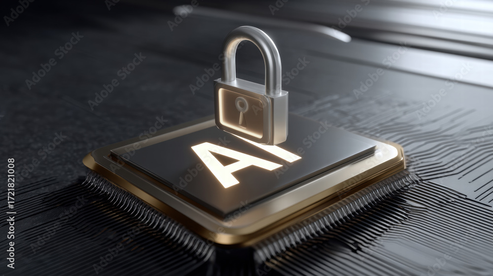 Poster ai chip for cybersecurity investment with secure lock symbol on black circuit board background