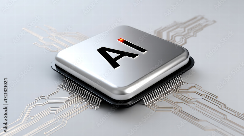 Poster ai chip for cybersecurity investment concept with futuristic silver processor and digital circuit ba