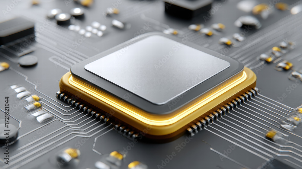 Poster ai chip for cybersecurity investment on circuit board with modern technology and secure data concept
