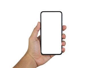 A hand holding a modern smartphone with a blank, white screen, isolated on white.