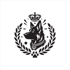 Regal German Shepherd Head with Crown and Laurel Wreath.