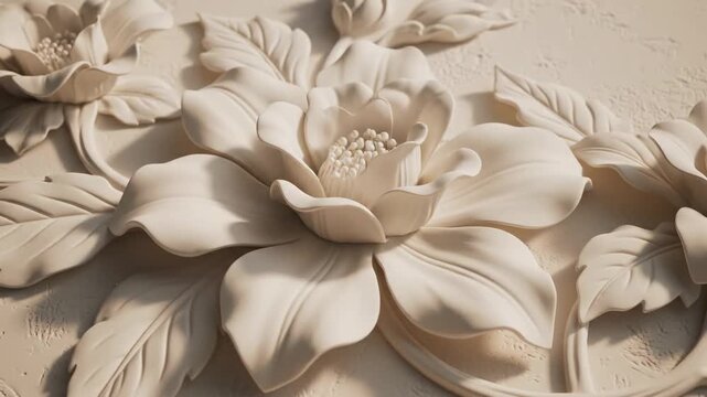 Elegant Floral Wall Decor Relief - Close-up view of an ornate, cream-colored floral relief design. The 3D sculpted flowers and leaves create a textured and elegant pattern suitable for interior