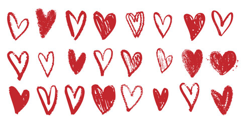 Crayon chalk hand drawn scribble red heart doodle Valentine's Day romantic love collection. Simple pen marker vector art