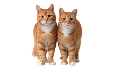 Two orange tabby cats with white chests stand side-by-side