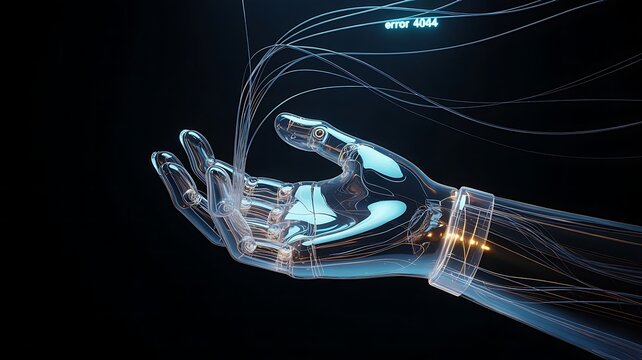 Transparent robotic hand with glowing wires glass technology