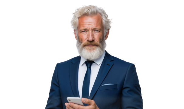 Serious senior businessman holding a smartphone, conveying experience and professionalism - Powered by Adobe
