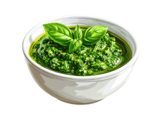 Close-up of a bowl of vibrant green pesto