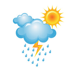 Colorful weather illustration showing sun, clouds, rain drops, and a lightning bolt symbolizing mixed weather conditions.