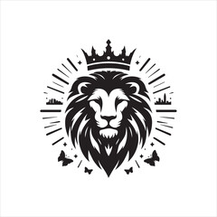 Regal Lion Head Silhouette with Crown Cityscape and Butterfly Accents.