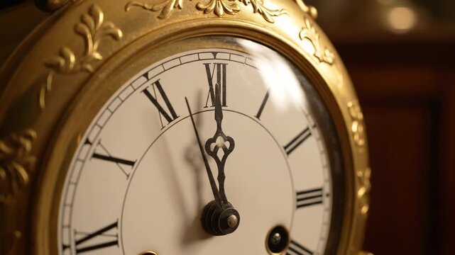 Antique Gilded Clock Close Up - Close-up shot of an antique gilded clock face with Roman numerals, showing the time just before midnight. The clock has an ornate gold casing with detailed carvings.