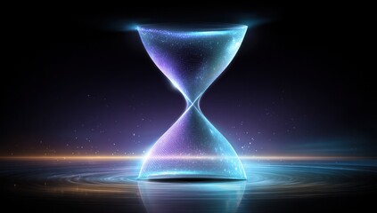 A luminous hourglass design, featuring a vibrant interplay of blue and purple light particles, is presented on a reflective surface.