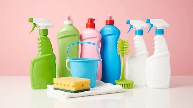 Cleaning Supplies on Pink Background - An assortment of colorful cleaning products, including spray bottles, detergent bottles, a small bucket, a sponge, and a brush, are arranged on a white surface