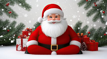 Fototapeta premium Cheerful Cartoon Santa Claus Surrounded by Christmas Gifts and Snow