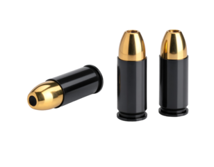 A close-up view of three metallic bullets with shiny golden tips and black casings on a neutral background.